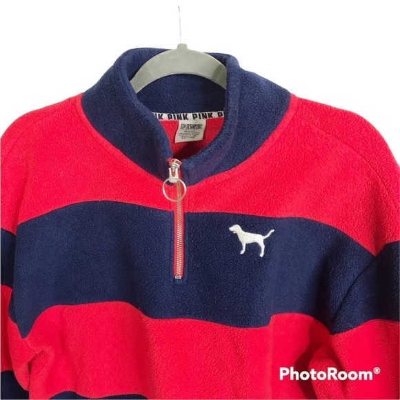 Victoria’s Secret PINK polar fleece red and blue striped quarter zip sweater - Picture 3 of 6